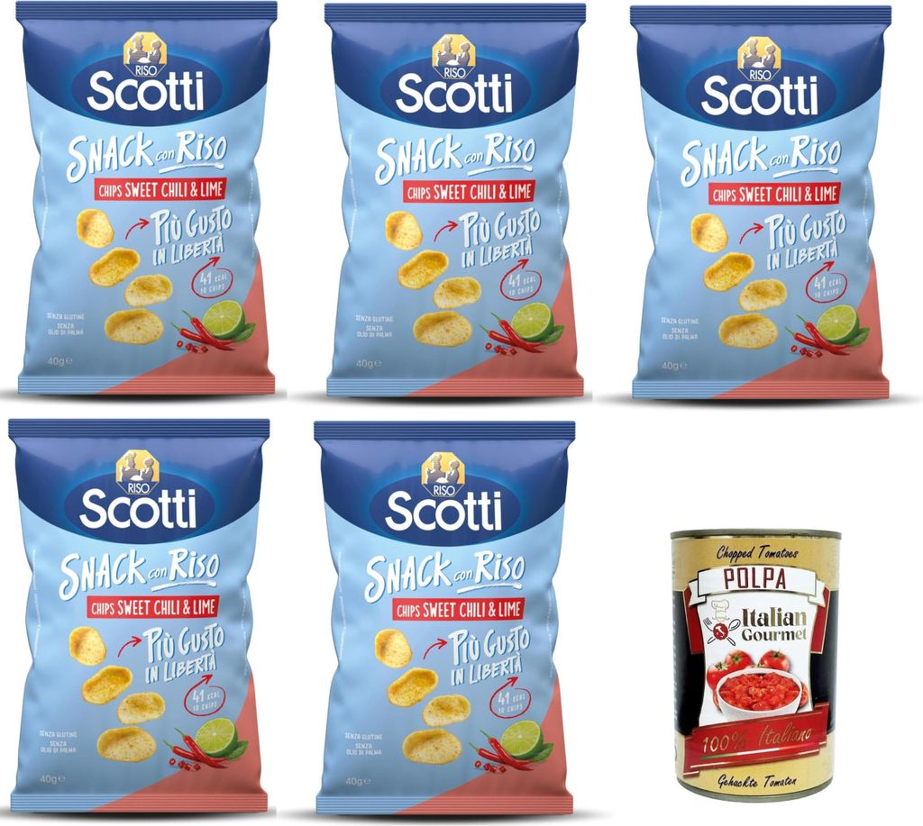 Riso Scotti Sweet Chili & Lime Reischips Reissnack, Glutenfrei, Palmölfrei, 5x40g+ Italian Gourmet polpa 400g