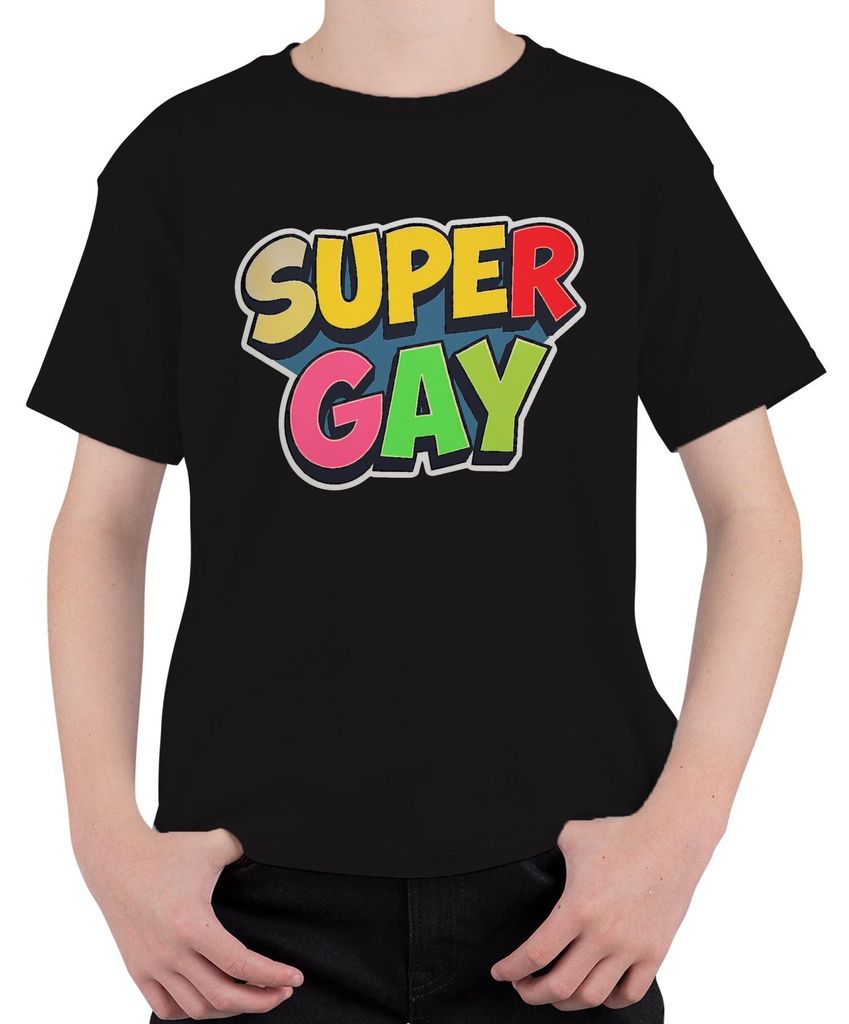 SUPER GAY Regenbogen Pride LGBT queer Stolz bunt Geschenk Parade Uni Kinder T-Shirt, Schwarz, 128