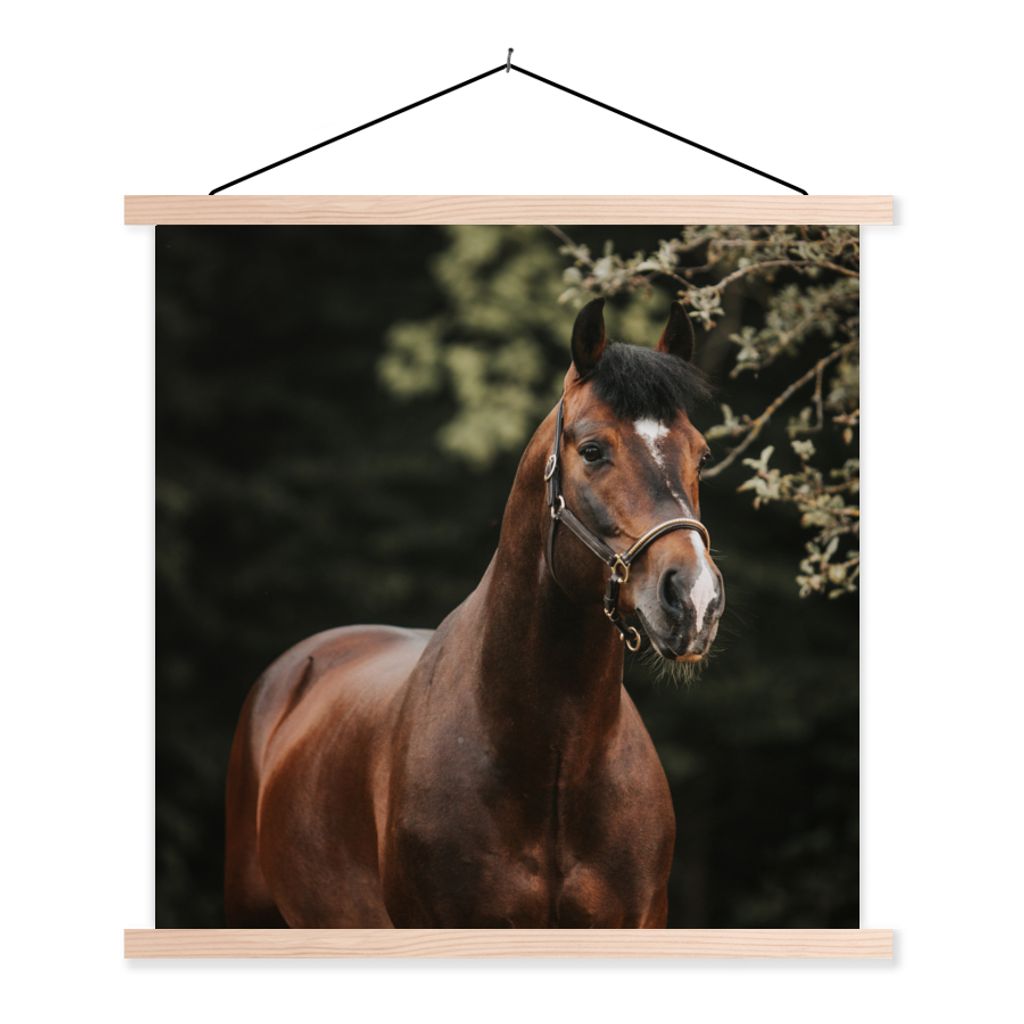 MuchoWow Textilposter Pferd - Äste - Porträt 60x60 cm mit holzfarbenen Rahmen - Wanddekoration