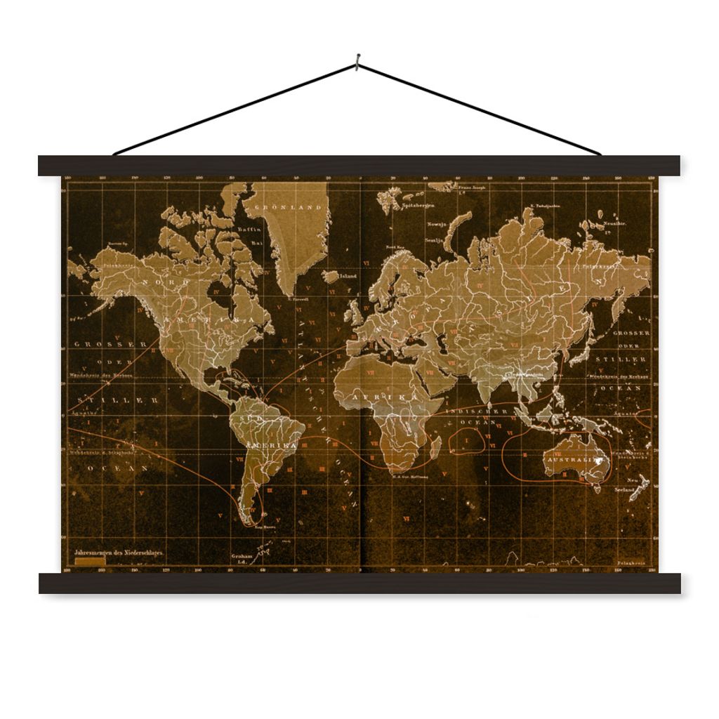 MuchoWow Textilposter Klassische Weltkarte in Braun 120x80 cm mit schwarzem Rahmen - Wanddeko