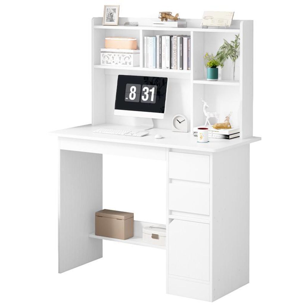 Rebiko Computer-Schreibtisch, Schreibtisch mit Regalen, weißer Jugendschreibtisch