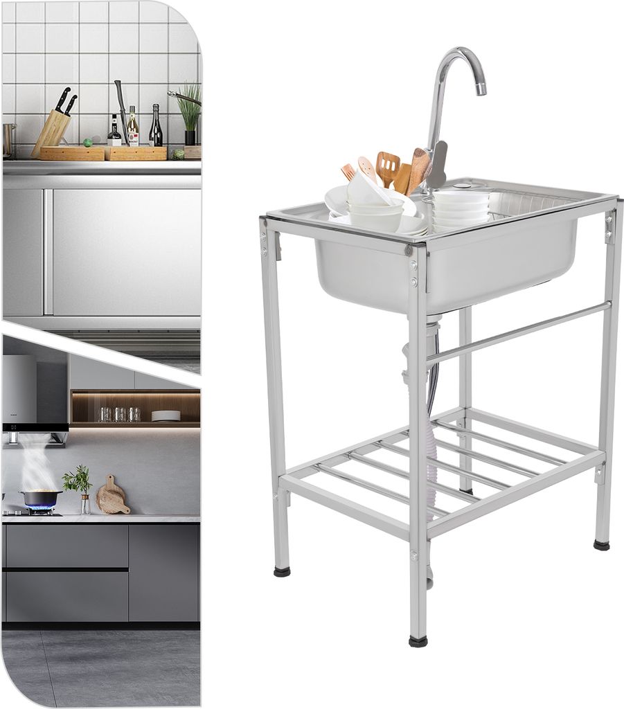 A collage of kitchen scenes and a standalone stainless steel sink with a faucet.