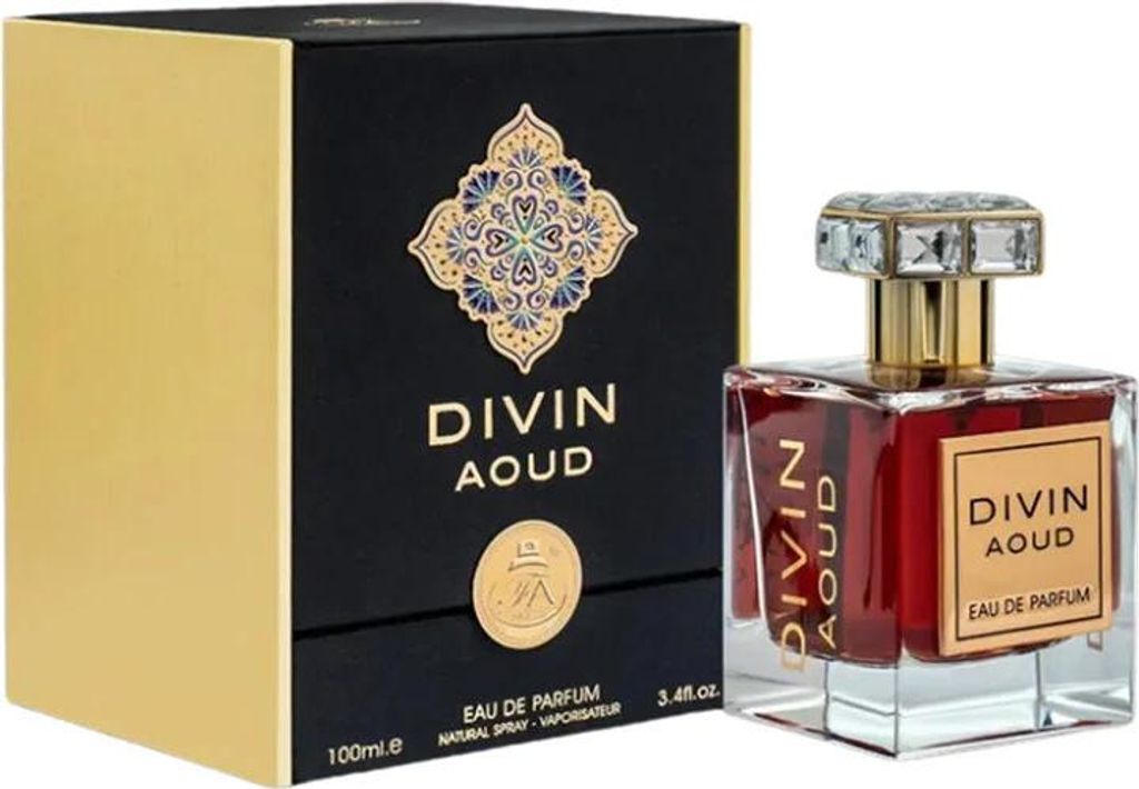 A perfume bottle and its box are displayed on a white background.