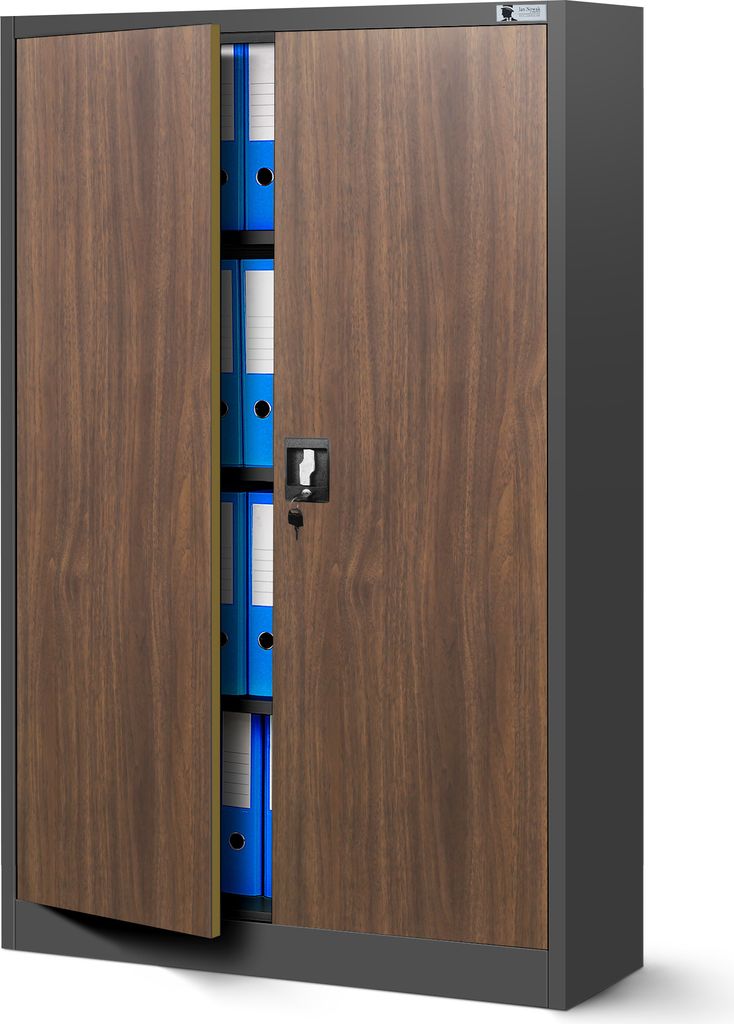 A metal filing cabinet with wooden-look doors, filled with blue binders.