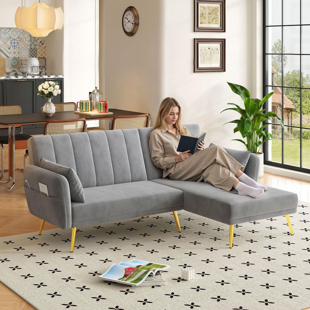 Merax Ecksofa mit Schlaffunktion, L-Form Klappsofa Schlafsofa, 3-stufig verstellbar, 3-Sitzer Sofa, Couch, Bettsofa, Wohnzimmersofa, Velvet, Grau