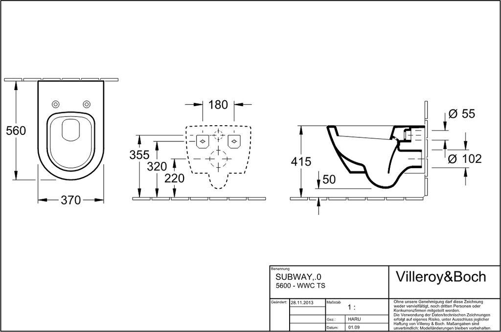 Villeroy & Boch Subway 2.0 Tiefspül-WC, oval, wandhängend, Abgang: waagerecht, 375x565x360mm, 56001001