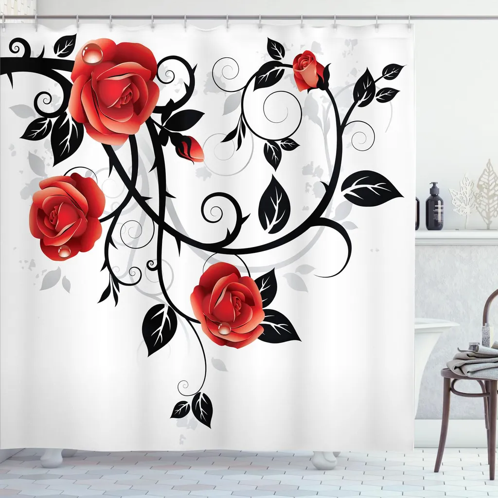 Rideau de douche anti-moisissure long 240 cm décor roses et fleurs