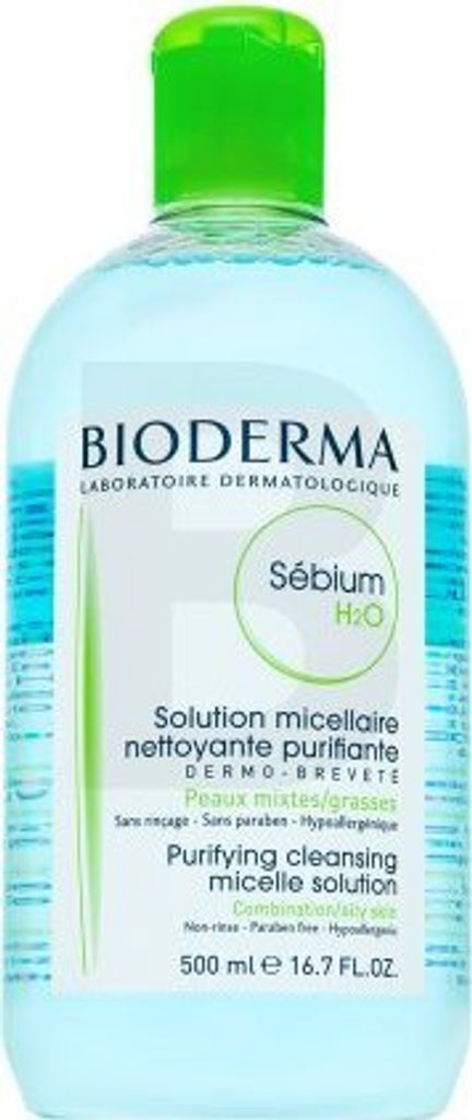 A bottle of Bioderma Sebium H2O Purifying Cleansing Micelle Solution.