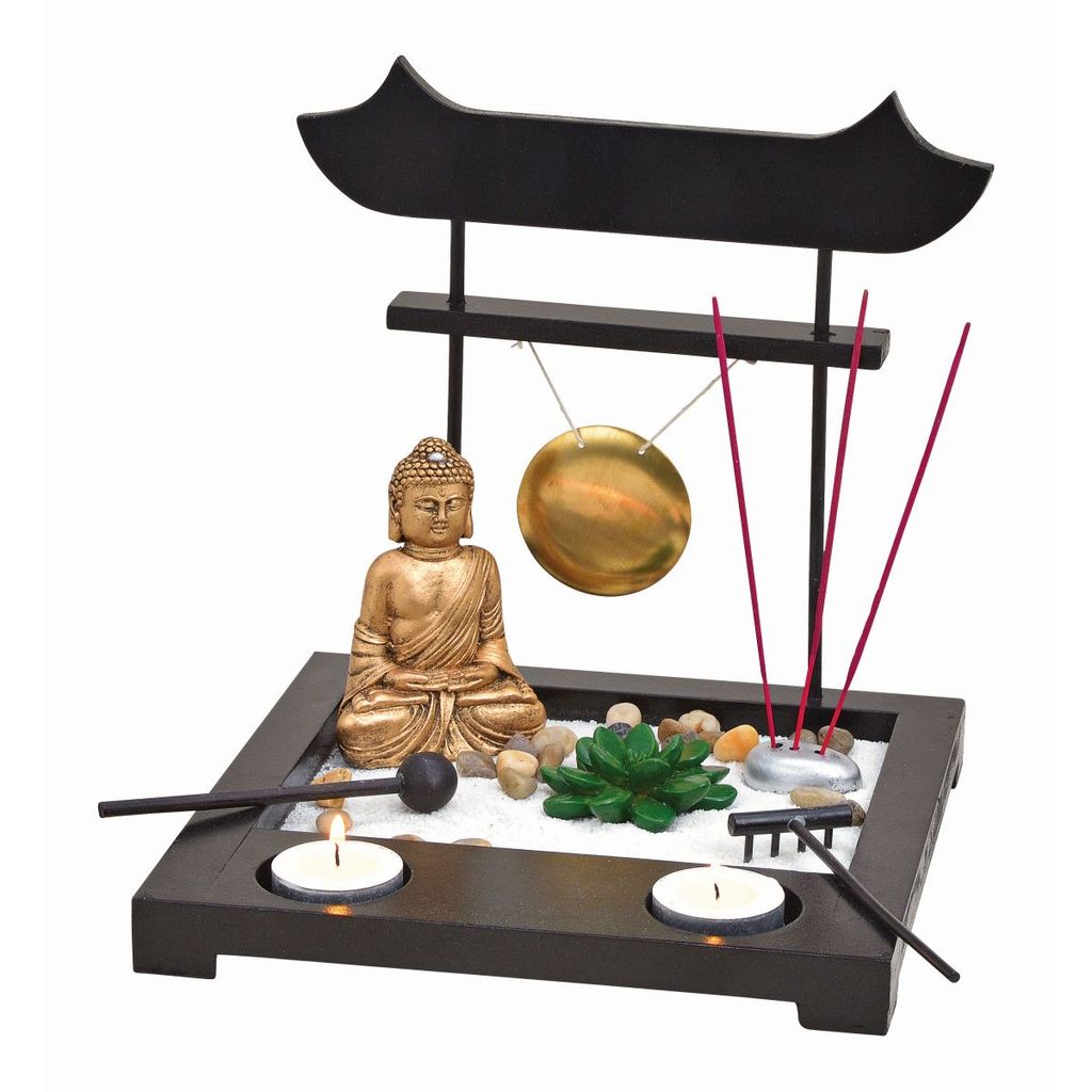 Buddha auf Holz-Tablett mit Teelichthalter Räucherstäbchen Sand Steine 22x14 cm 