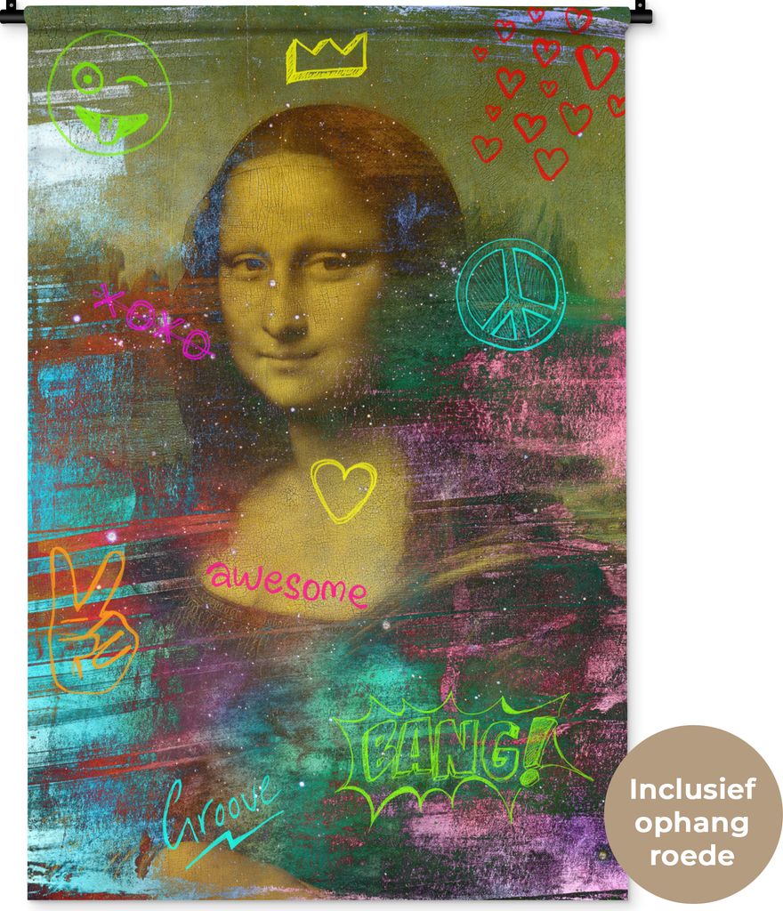 MuchoWow Wandteppich Wandbehang Mona Lisa - Leonardo da Vinci - Neon 90x135 cm Tapisserie Dekoration Wandtuch - Baumwolle - Wandskulptur