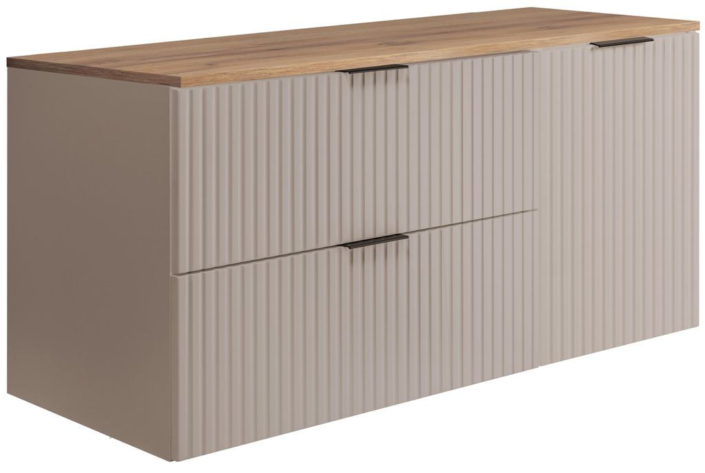 Badezimmer-Set: Schrank mit Schubladen und Schrank mit Türen 57×46×120 cm, Farbe: Kaschmir / Arbeitsplatte Eiche Craft, schwarzer Griff
