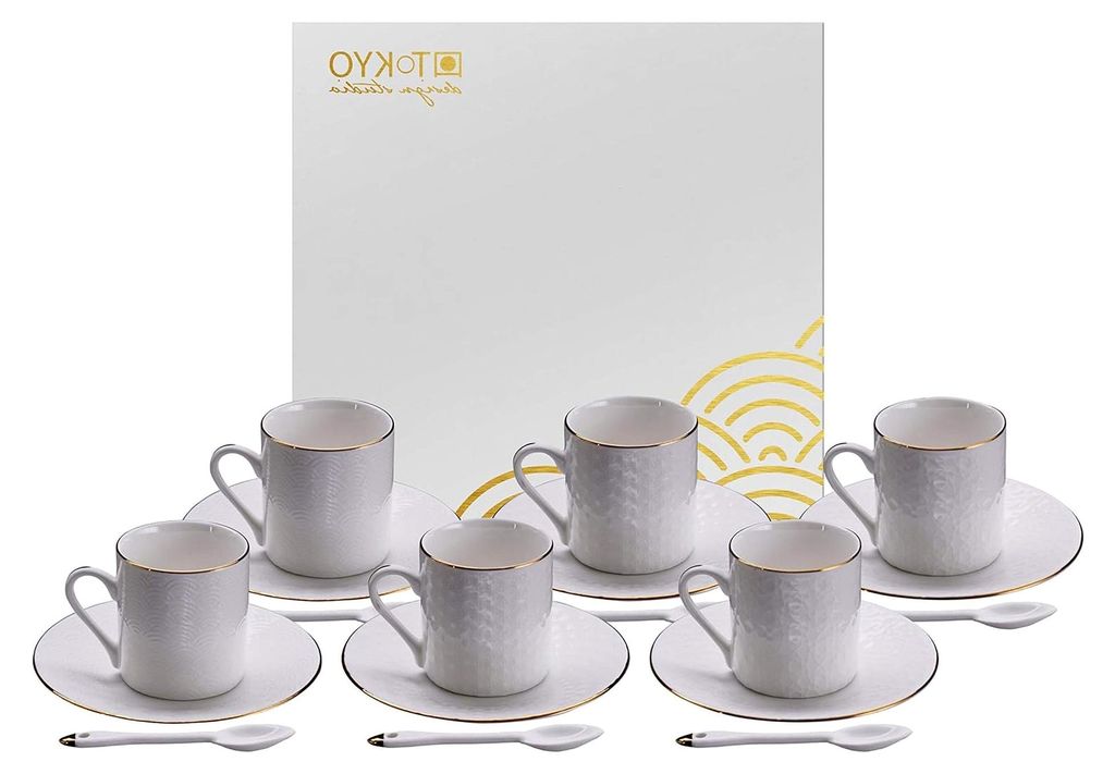 Espresso-Set Nippon White, 18-teilig, mit Goldrand, 6 Espresso-Tassen, Untertassen und Löffeln, asiatisches Porzellan, japanisches Design, inklusi...