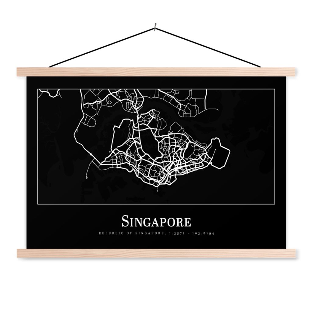 MuchoWow Textilposter Singapur - Karte - Stadtplan 60x40 cm mit holzfarbenen Rahmen - Bilder