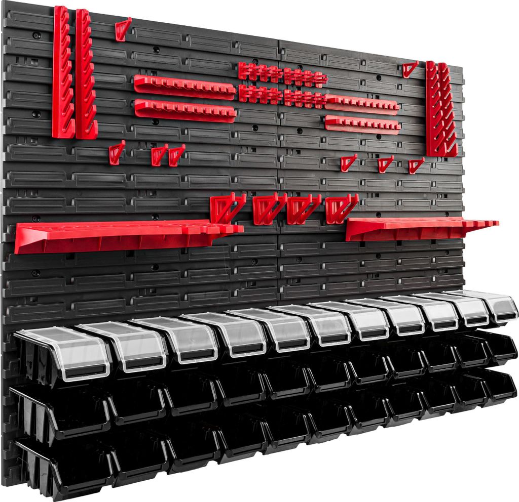 A wall-mounted storage system with various red tool holders and black and gray storage bins.