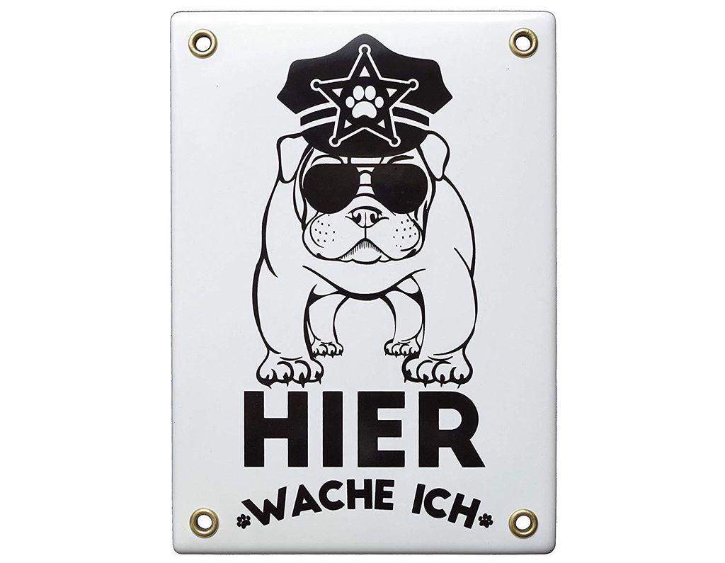 Emailschild Vorsicht Hund - Hier WACHE ICH 17x12 cm Warnschild wetterfest | Schild Emaille Hundschild Warnschild Hund Warnung