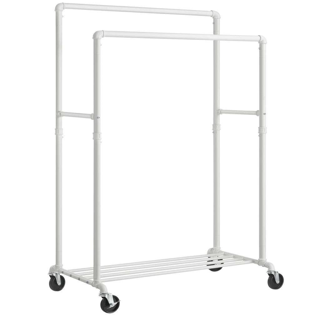 A white garment rack on a white background.