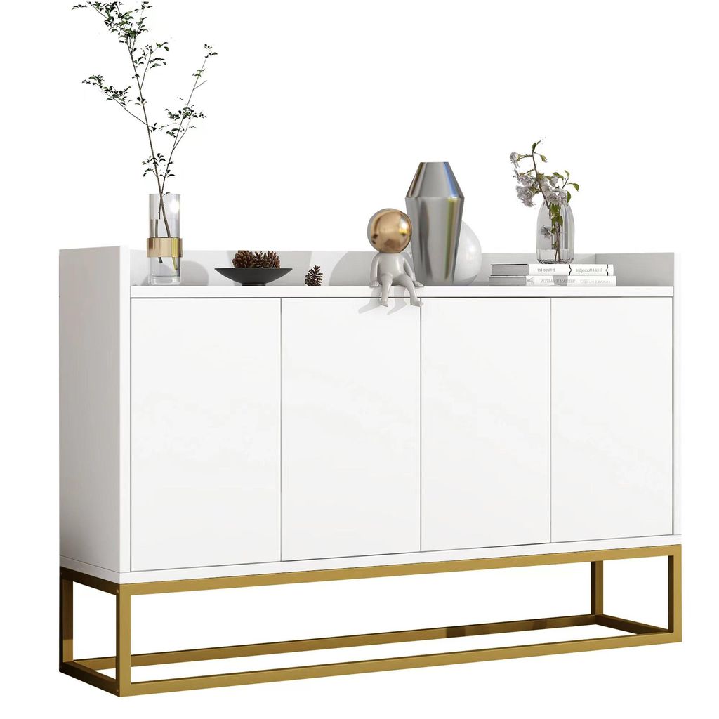 AIORBER Modernes minimalistisches Sideboard mit 4 Türen, grifflos, verstellbare Regale, Stauraumschrank für Wohnzimmer, Küche, Esszimmer – Weiß