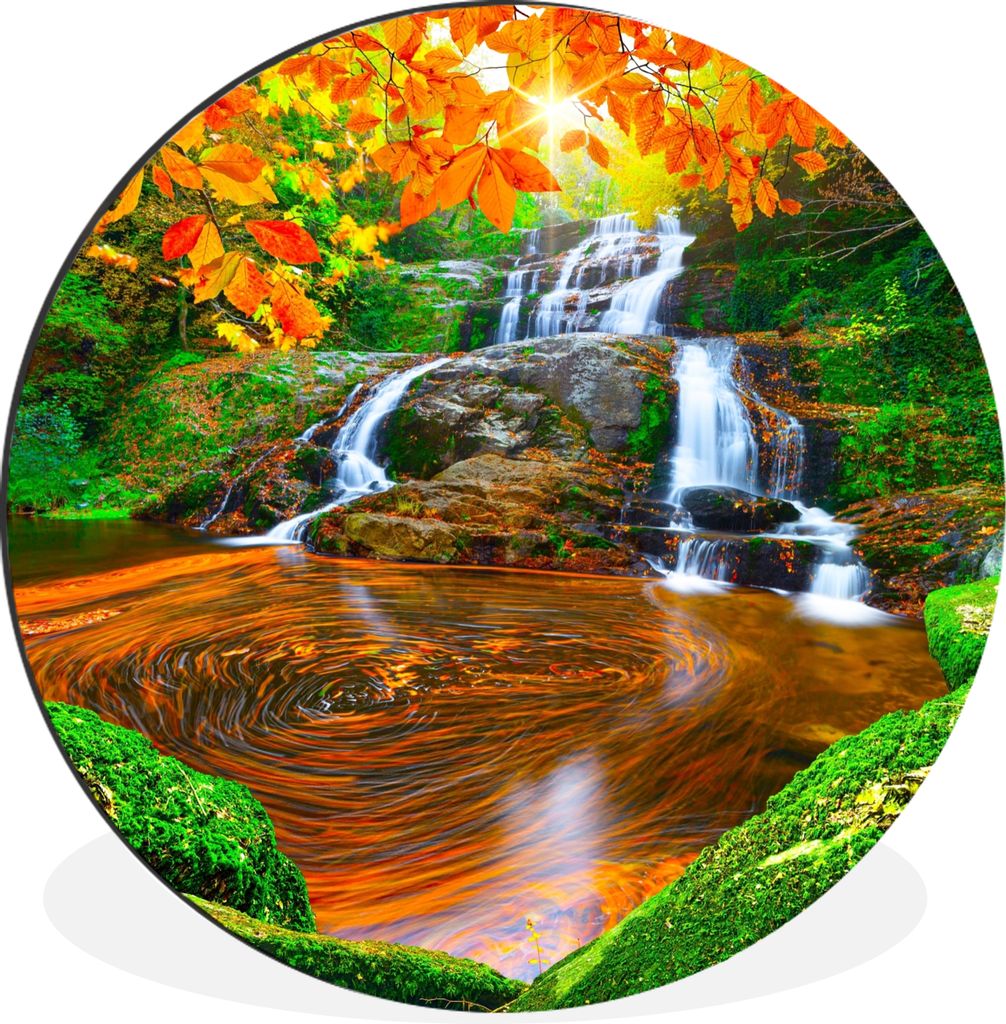 MuchoWow Aluminium Wandkreis Natur - Wasserfall - Steine - Moos - Blätter - Grün Ø 60 cm Wanddeko Modern Wohnzimmer - Wand Kreis - Wandbild - ...