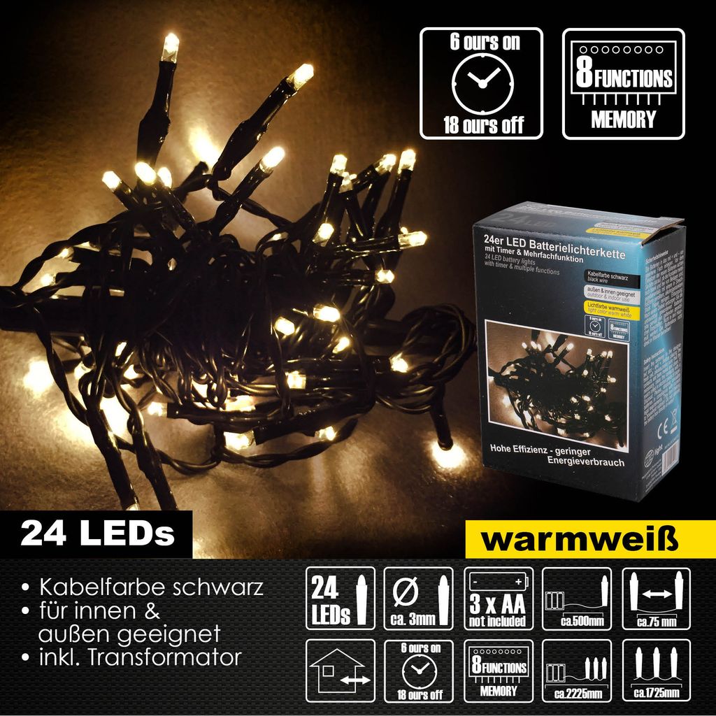 A close-up of a string of warm white LED lights with packaging and feature callouts in the background.
