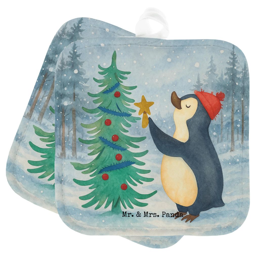 Mr. & Mrs. Panda Topfuntersetzer Pinguin Weihnachtsbaum Design - Weiß - Geschenk, Weihnachten, Ofenlappen, Topflappen Set, Winter, topfhalter, Koc...