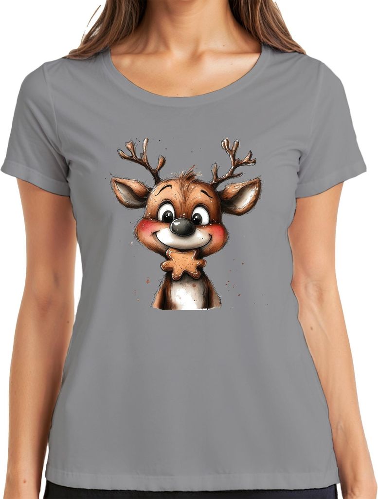 Rentier Lebkuchen Weihnachten Geschenk Kinder Niedlich Retro Damen T-Shirt, Grau, XL