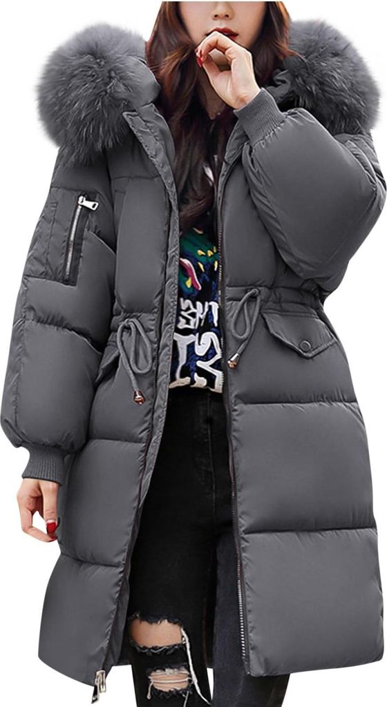 ASKSA Damen Mantel Wintermantel Lang Puffer Daunenmantel Winterjacke Parka Jacke Winter Warm Elegant Daunenjacke mit Kapuze (Dunkelgrau,XXL)