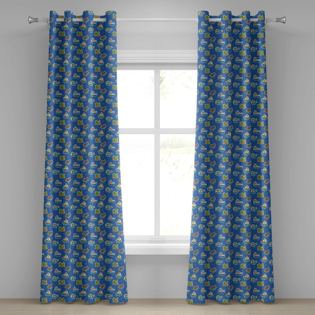 ABAKUHAUS Flugzeug Ösenvorhang, Nettes Spielzeug-Muster-Zug-Segel-Boots-Flugzeug-Kinderbaby-Spielzimmer-Kunst-Design, Dekorative 2-Panel-Fenstervo...
