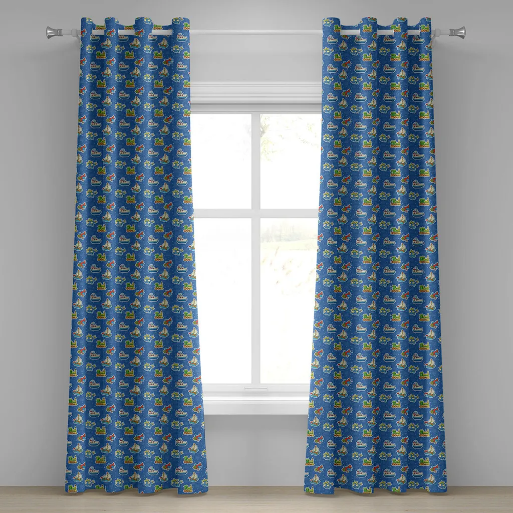 Rideau Enfant Motif Avion et Voilier en Tissu Violet Bleu Jaune 280cm