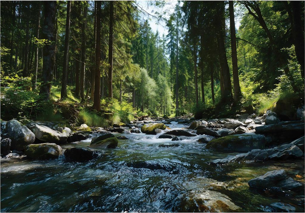 Fototapete Wald Fluss Natur - 300x210 cm - Vliestapete Wohnzimmer Schlafzimmer - Vlies Fototapete Grün - 16347VX6