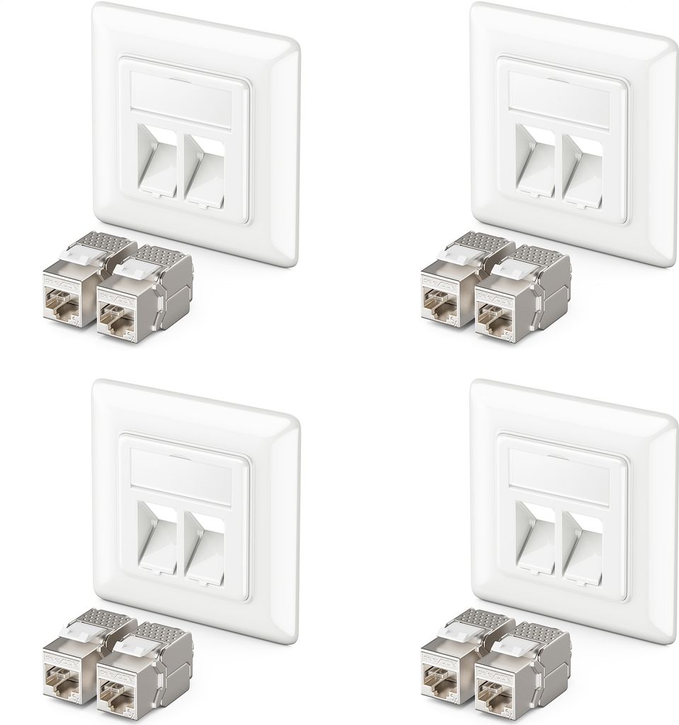 deleyCON 4x Keystone Dose Netzwerkdose Datendose Unterputz 8x CAT 6a Keystone Jack Modul RJ45 Buchse CAT Netzwerk Verlegekabel vollgeschirmt Uni Weiß