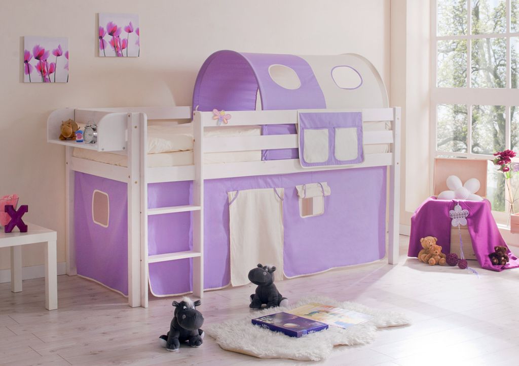 Hochbett Spielbett Malte Kiefer massiv Weiss, Vorhangstoff:Lila Beige