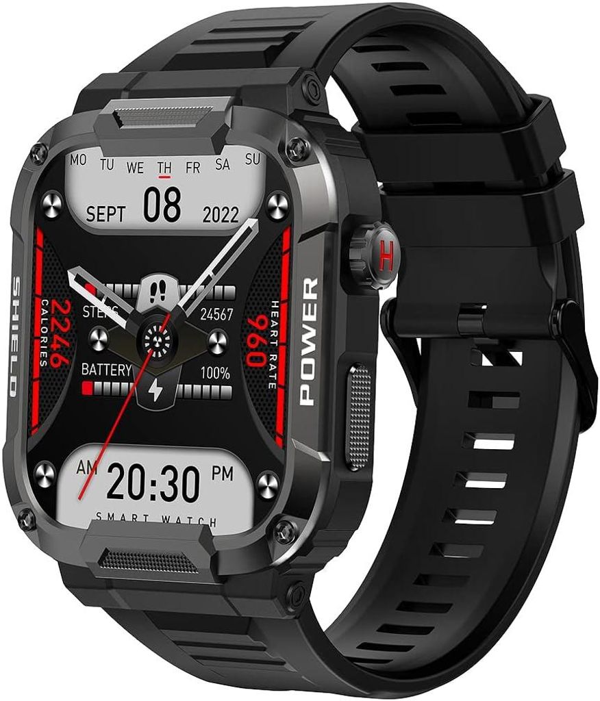 Outdoor Smartwatch Herren 1.85 Zoll, Telefonfunktion, Fitness Uhr mit Herzfrequenz, Blutdruck, Schlafmonitor & Sportmodi