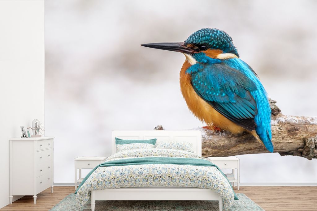 MuchoWow Fototapete für Wohnzimmer oder Schlafzimmer Wandtapete Vinyl Motivtapete Eisvogel - Winter - Zweige - 390x260 cm - Papiertapete
