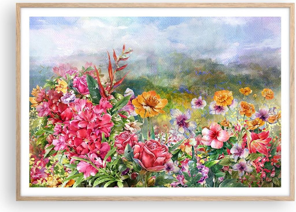 Gerahmtes Poster - Rahmen in heller Eiche - blume sommer natur - 100x70 cm - Wand Bild - Wanddeko - Wandbilder - Wandposter - Bilderrahmen - Bilder...