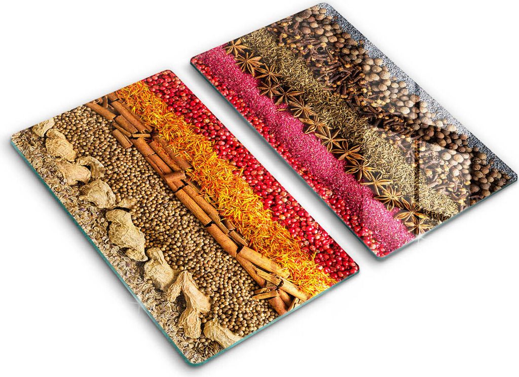 Glasschneideplatte - Herdabdeckplatte - 2x30x52 cm -Schneidebrett - Spritzschutz -Farbenfrohe Gewürze