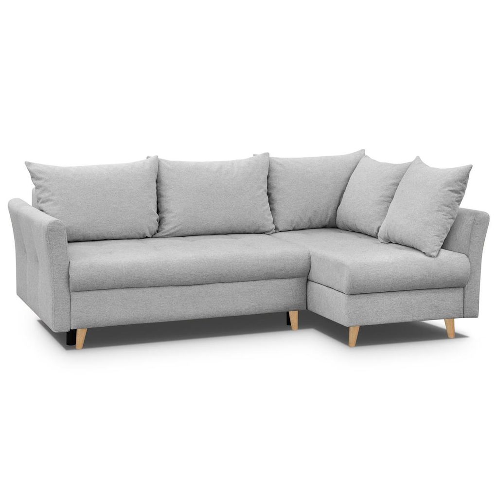 Ecksofa NERON - Couch L-form mit Schlaffunktion & 2x Bettkasten, Eckseite rechts, Grau, Buche-Füße