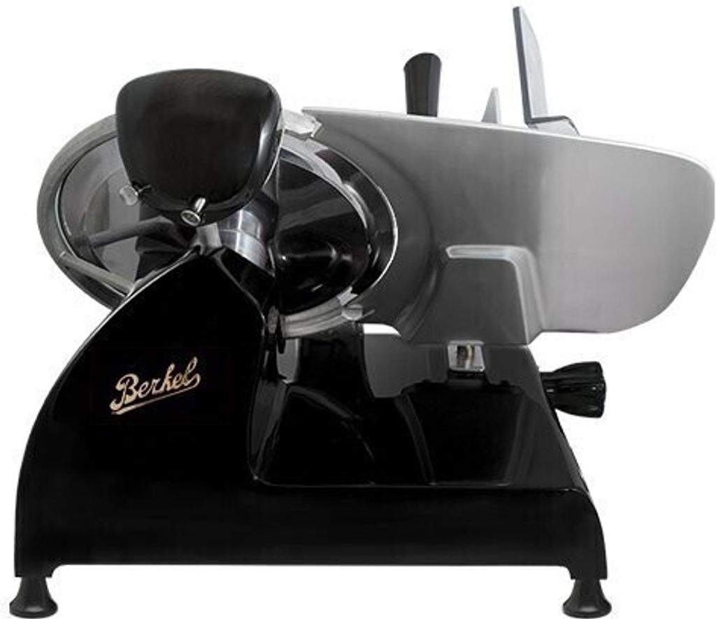 A black and silver Berkel slicer is shown against a white background.