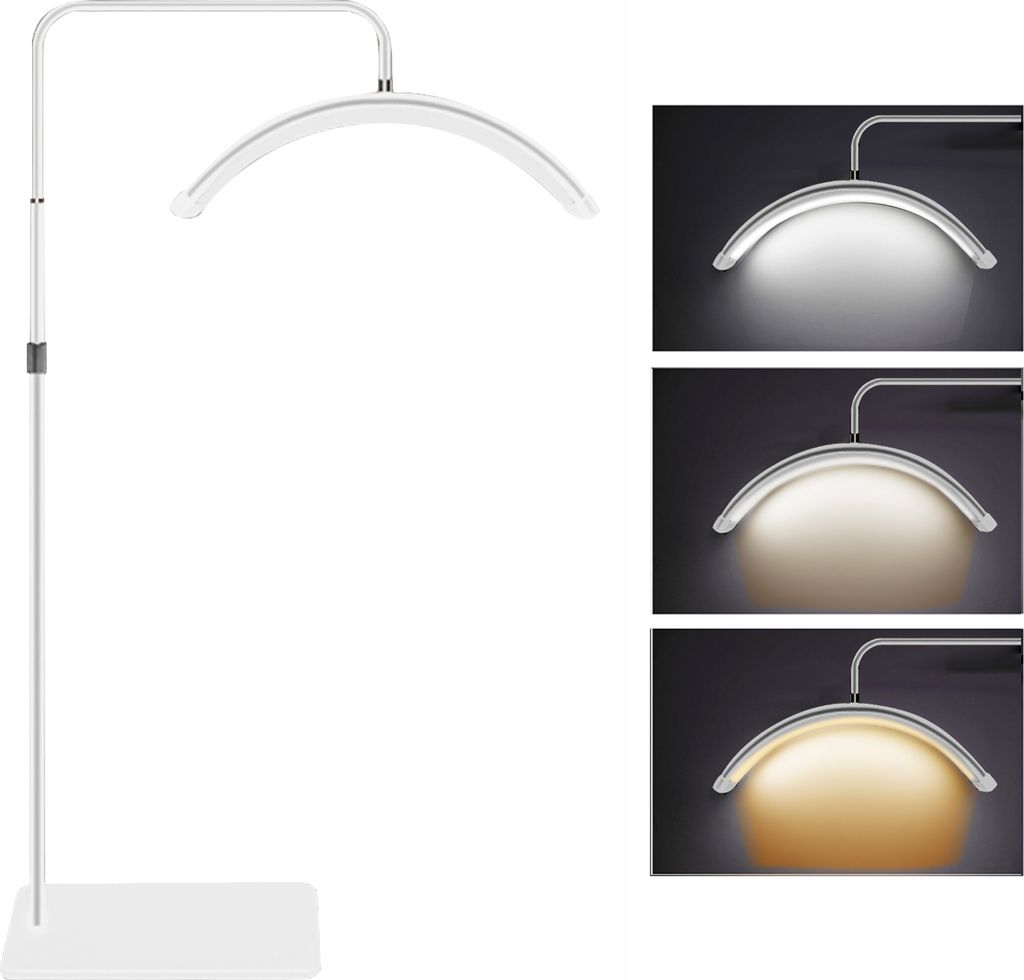 A white LED ring light with a metal stand is shown on a white background, with three smaller images on the right showing the light at different color temperatures.