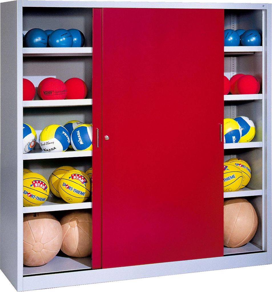 C+P Ballschrank mit Vollblech-Schiebetüren (Typ 4), HxBxT: 195x120x40 cm, Rubinrot (RAL 3003), Lichtgrau (RAL 7035), Gleichschließung