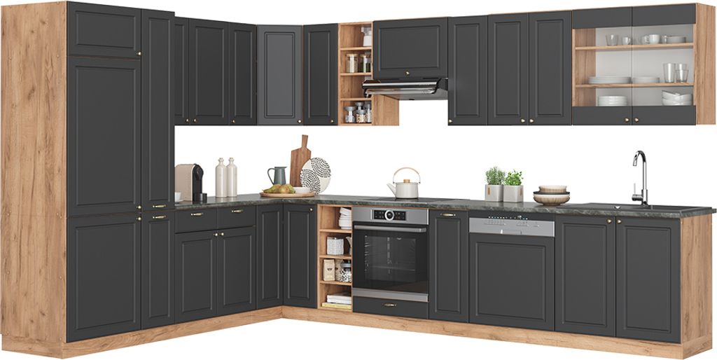 Eckküche Vicco Fame-Line Anthrazit Landhaus/Goldkraft Eiche 347 x 46 cm ohne Arbeitsplatte, Model 38702