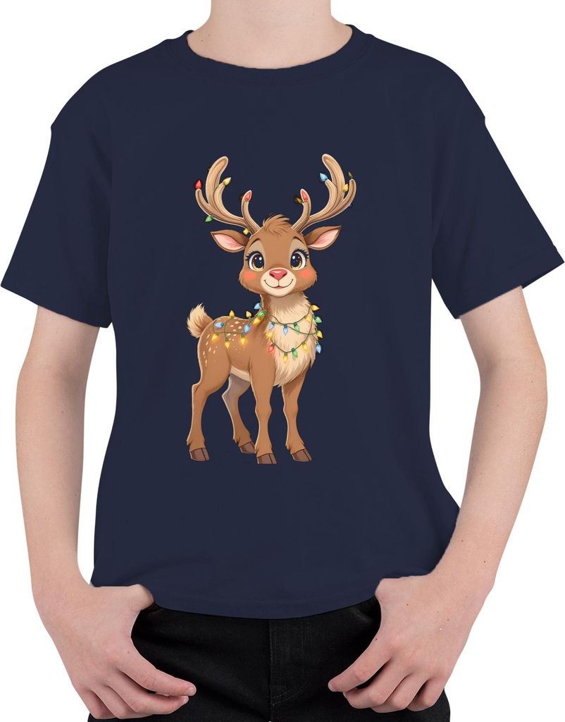Weihnachtsrentier Lichterkette niedlich Cartoon Kinder Geschenk Uni Kinder T-Shirt, Navy, 116