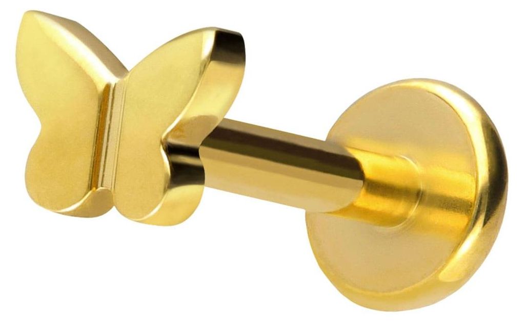 Ohrpiercing, Nasenpiercing Titan Labret mit Push Fit SCHMETTERLING Gold Stablänge: 9mm | Stabstärke: 1,2mm | Discgröße: 4,5mm