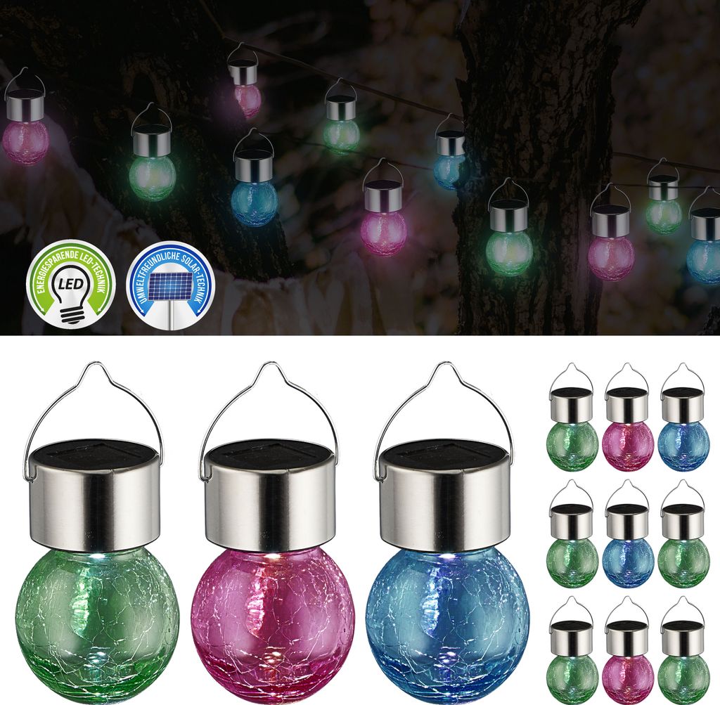 LED Solarleuchte Crackle 12er Set pink blau hellgrün 9x13cm Glas Edelstahl Plastik Leuchtkugel