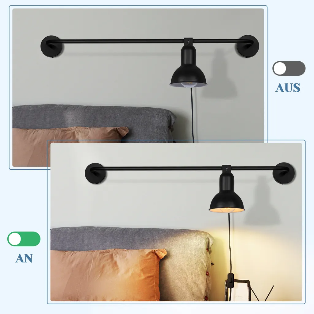 Spot Mural Noir Industriel Orientable E27 avec Interrupteur Intégré