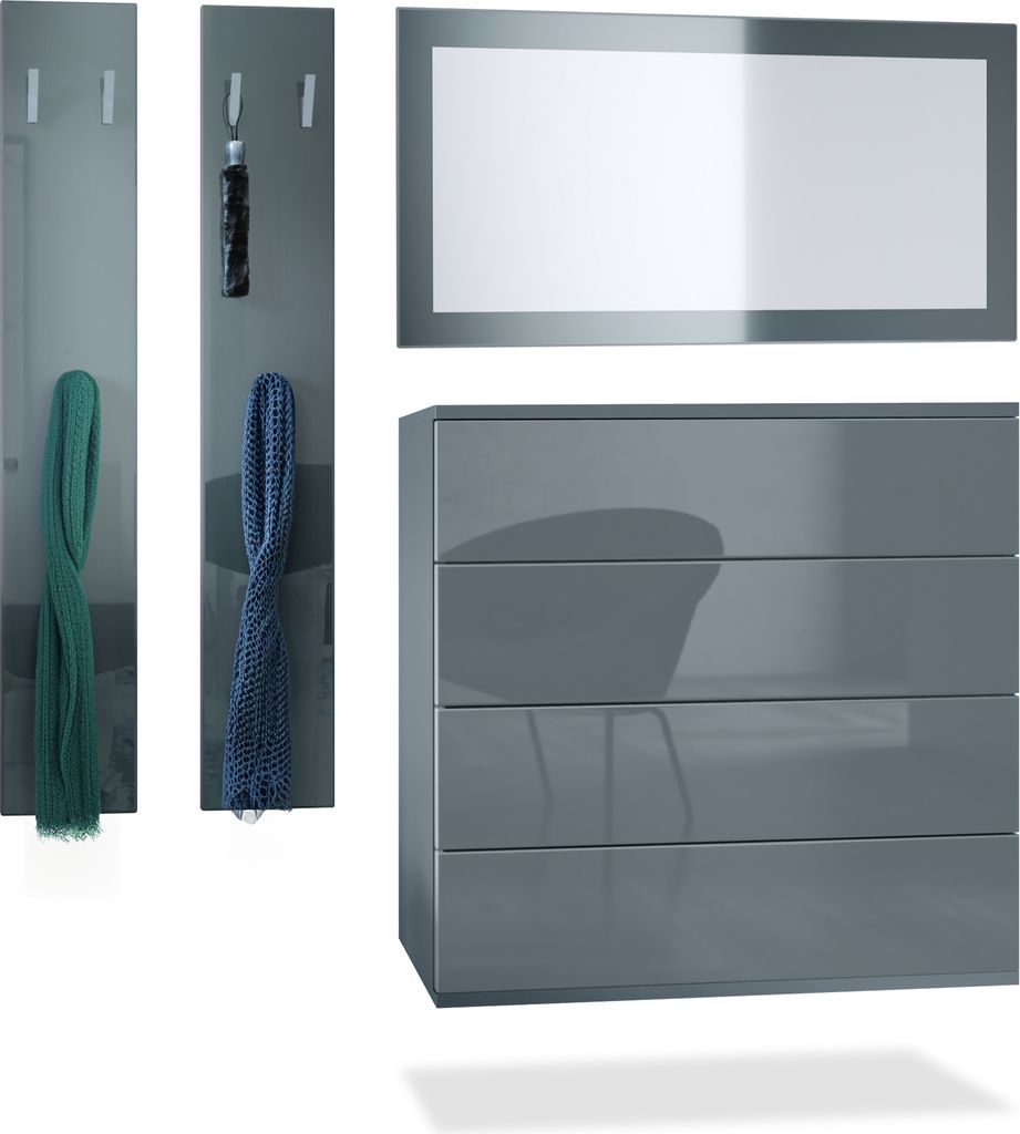 Vladon Garderoben-Set Horizon, bestehend aus 1 Kommode mit 4 Schubkästen, 1 Spiegel und 1 Wandpaneel Set, Anthrazit matt/Grau Hochglanz
