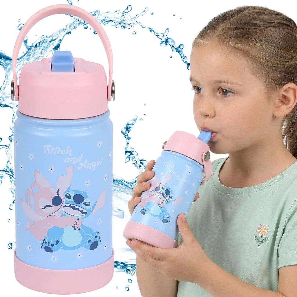 Disney Stitch & Angel Edelstahl-Trinkflasche mit Trinkverschluss und Griff, 350 ml, für Mädchen