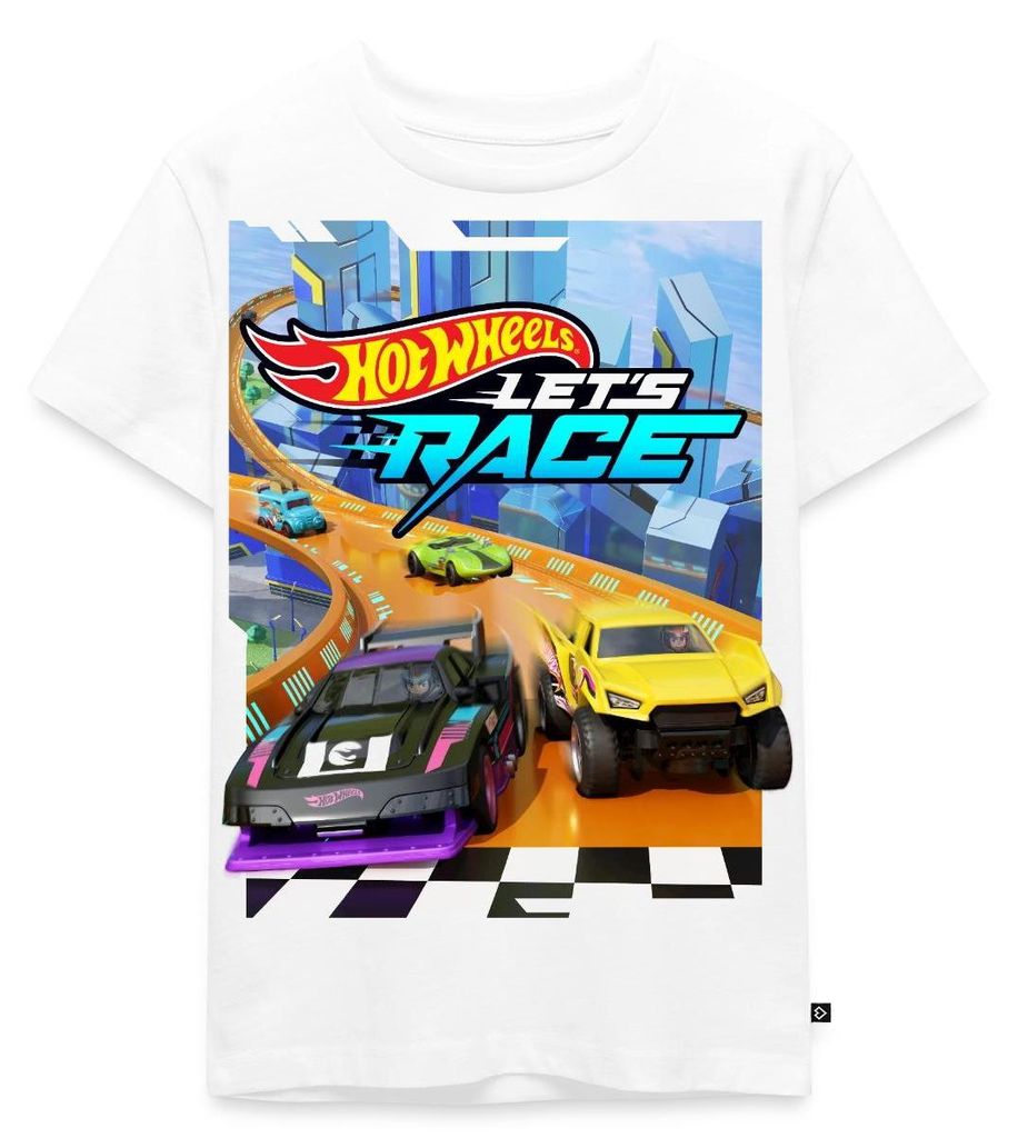 Spreadshirt Hot Wheels Design Let's Race Kinder Premium T-Shirt, 98/104 (2 Jahre), Weiß