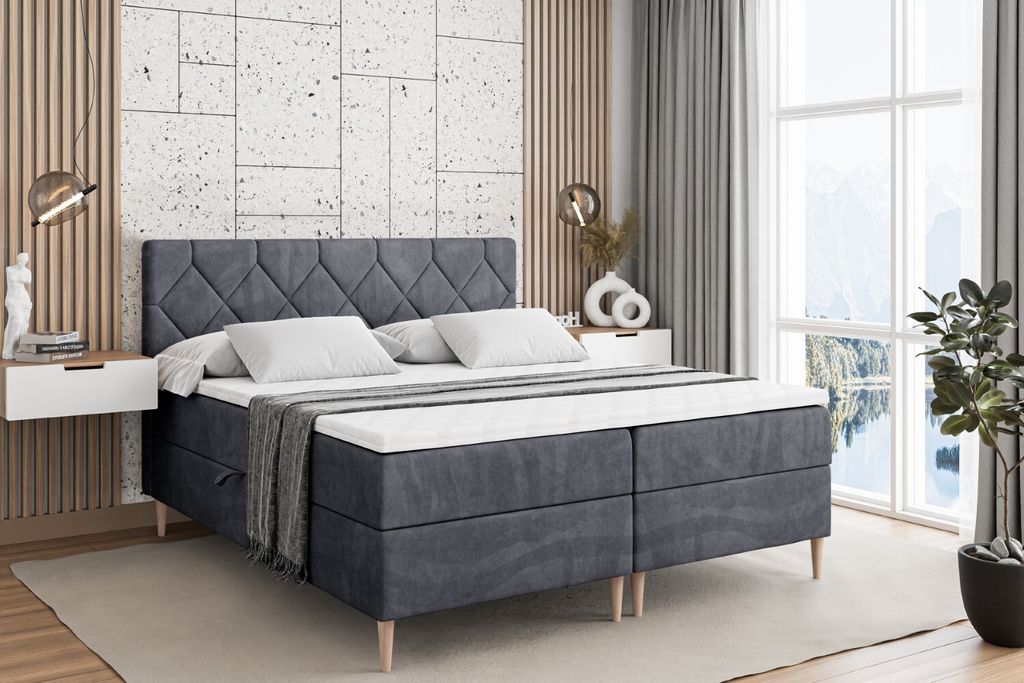 ALTDECOR Boxspringbett mit Holz Füßen, Matratze und Lattenrost, Boxbett, Topper, Polsterbett mit Bettkasten, Bett mit Stauraum H4-Matratze, Doppe...