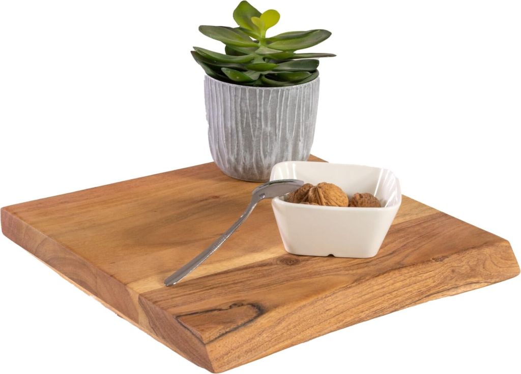 Holzplatte 30x30 cm Arya, Holzbrett Akazie massiv + naturfarben, Baumkanten-Platte für Heimwerker, Regale & Fensterbretter, einseitige Baumkante