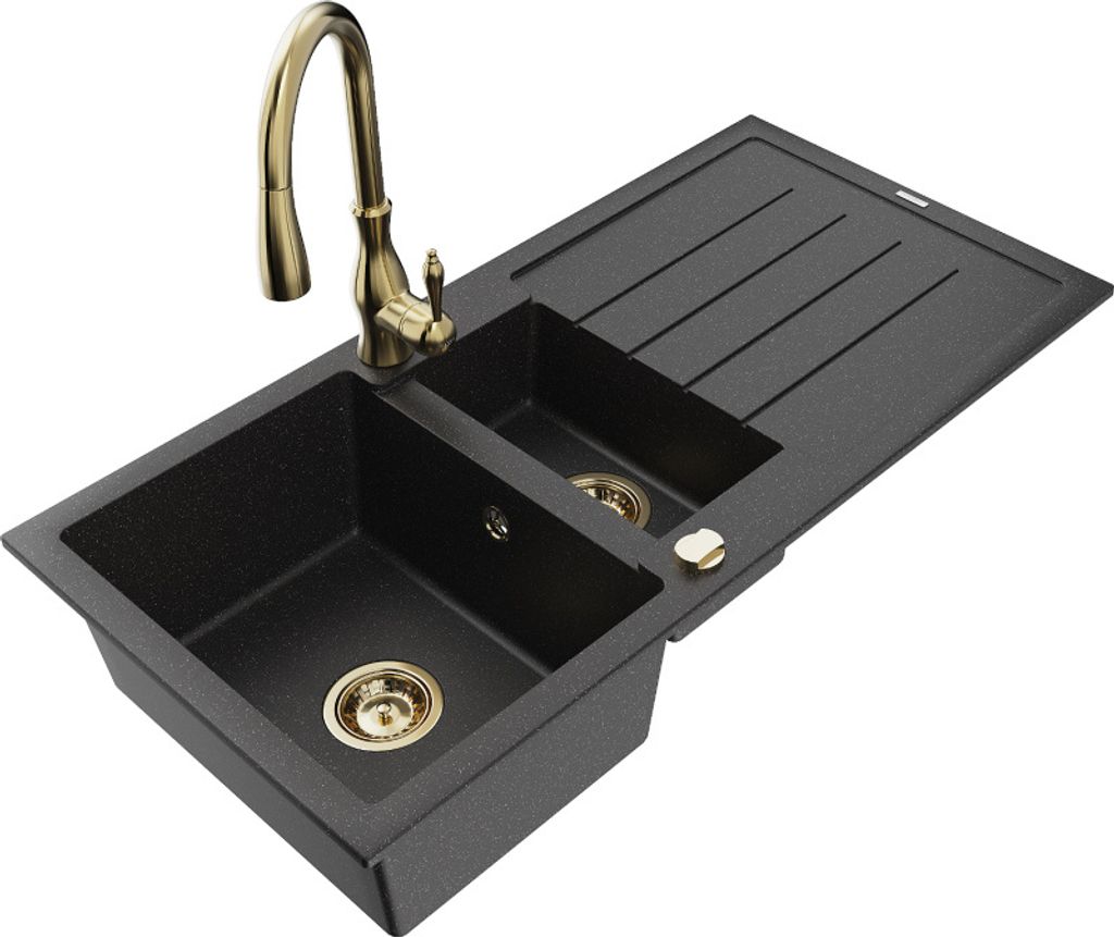 Mexen Andres 1,5-Becken-Granitspüle mit Abtropffläche und Mischbatterie Savita, Schwarz/Silber - 6515-73-672601-50